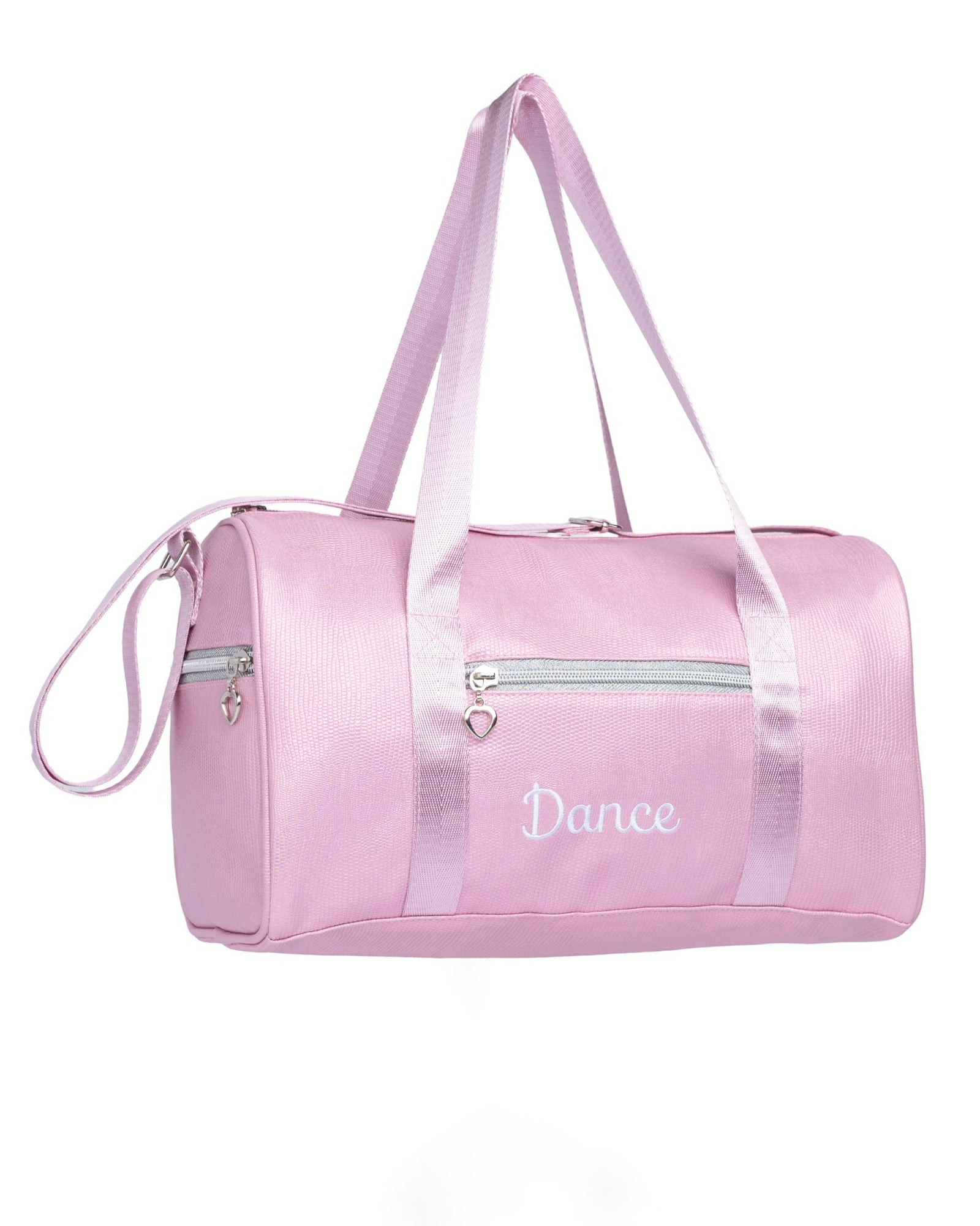 A pink dance bag with a satin-like finish, featuring a front zippered pocket, dual shoulder straps, and the word 'Dance' embroidered in white on the front, set against a plain white background.