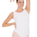 Woman wearing a white leotard on a white background
