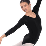 Dancer in a black leotard and pink tights on a white background