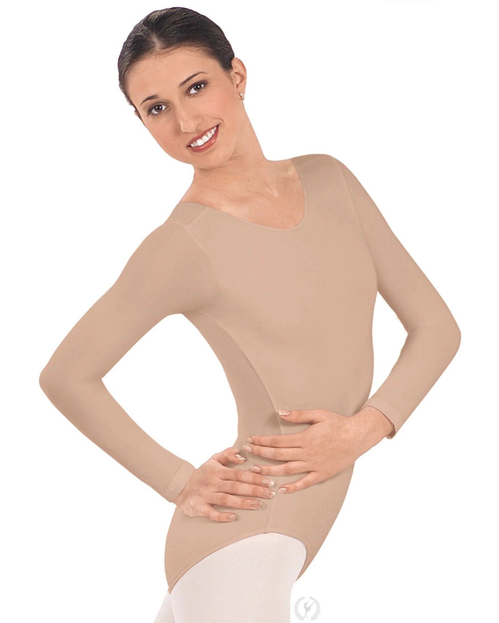 Woman wearing a nude bodysuit on a white background