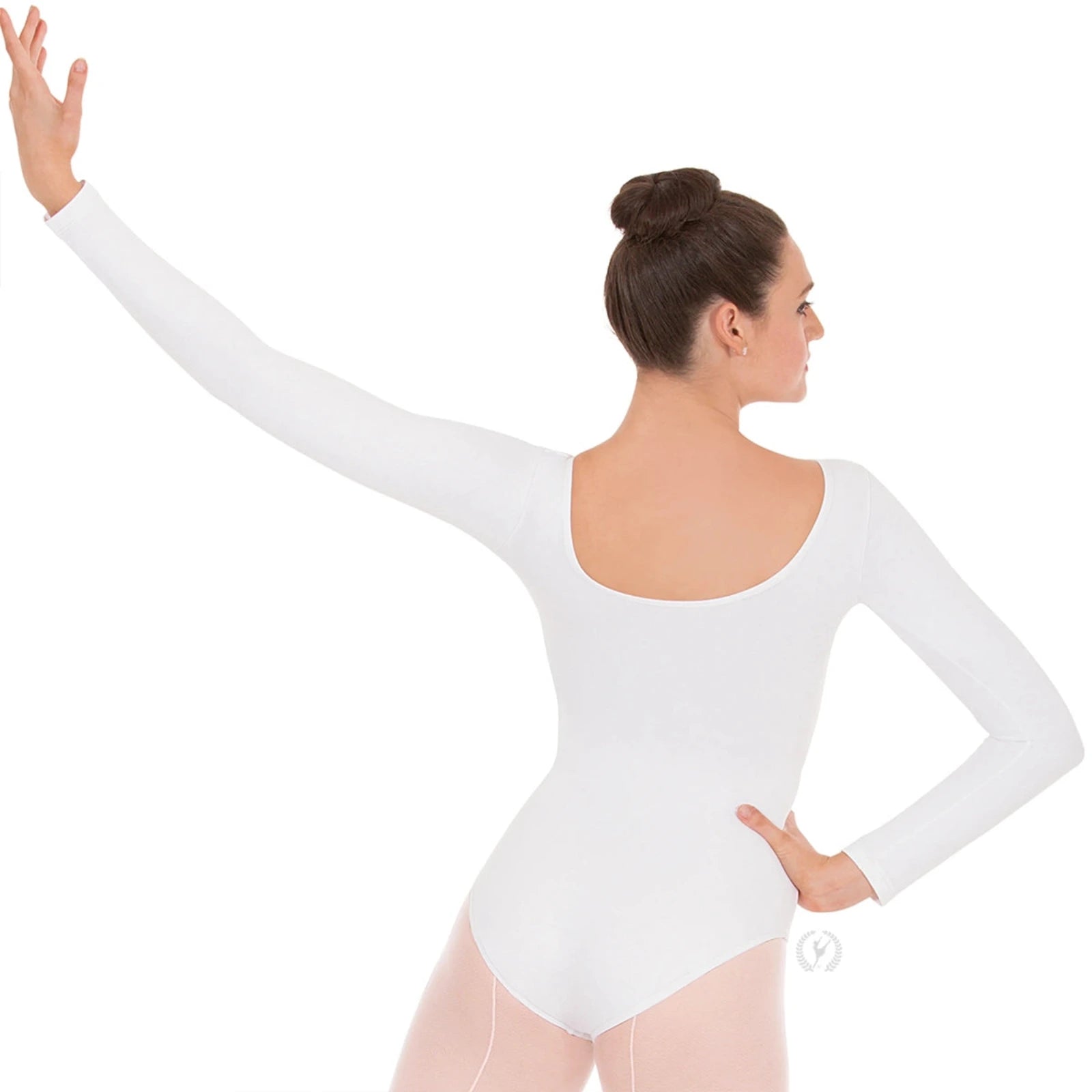 Person wearing a white long-sleeve leotard on a white background