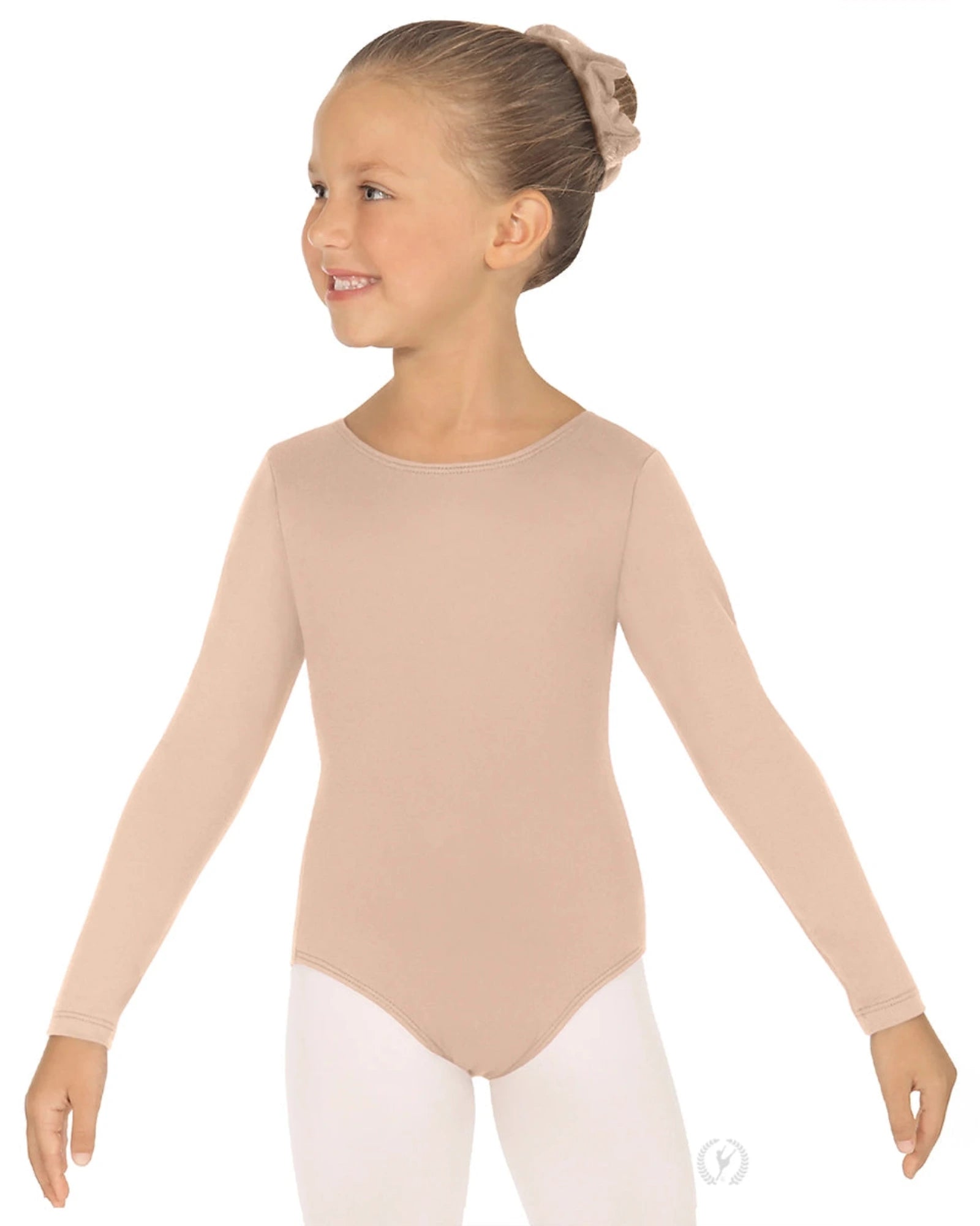 Young girl wearing a nude long-sleeve leotard and white tights on a white background