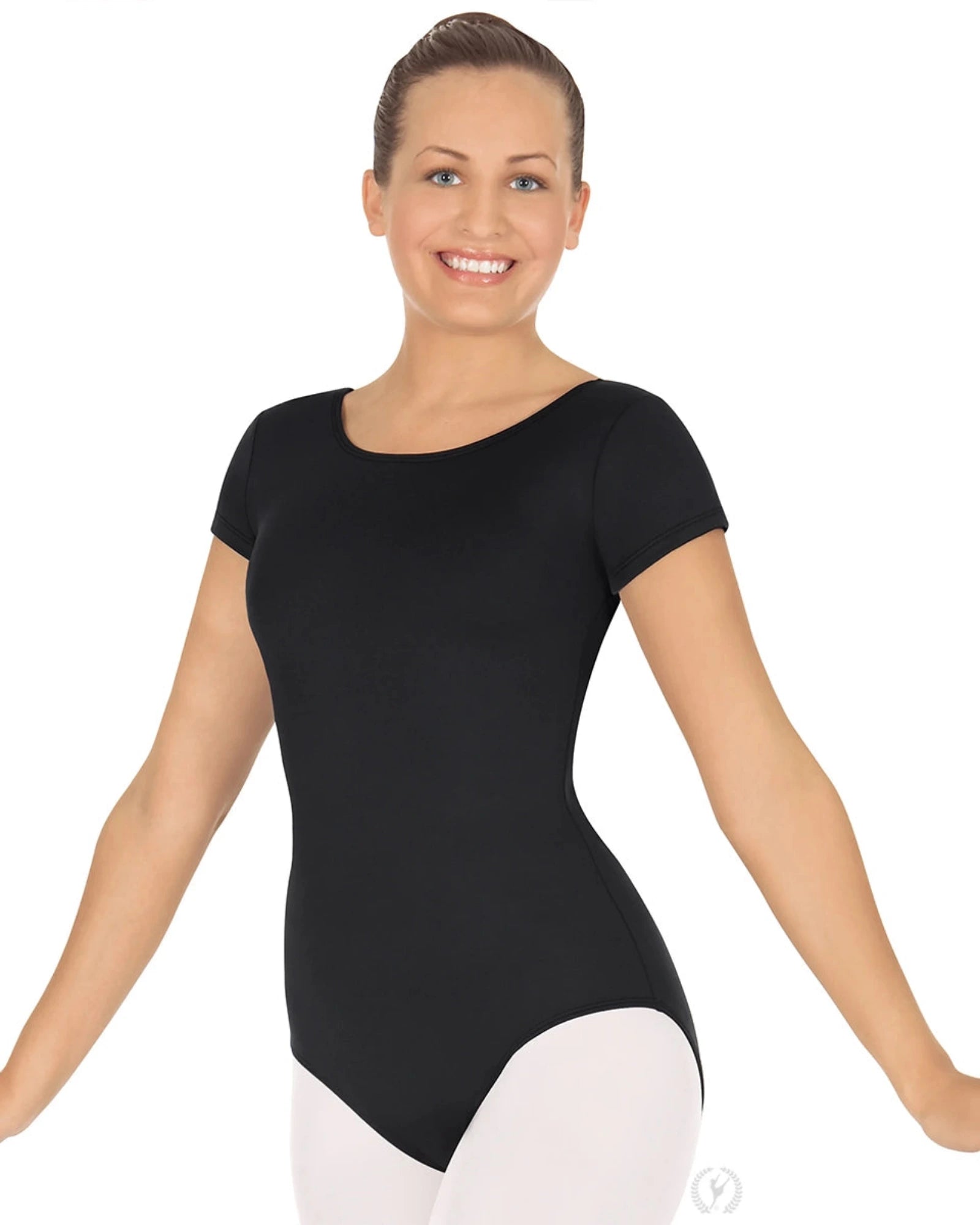 Woman wearing a black leotard on a white background