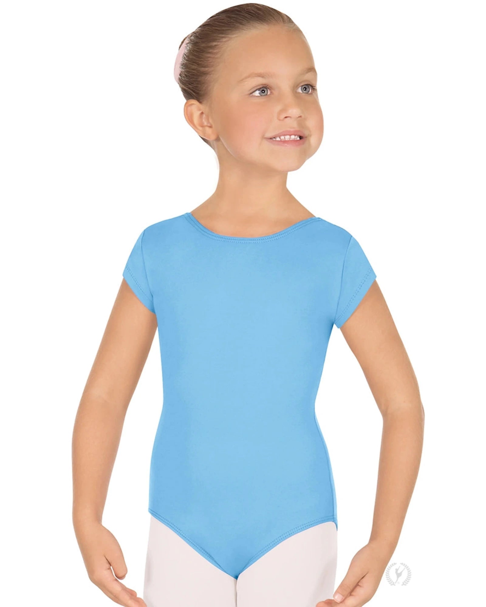Young girl wearing a light blue cap sleeve leotard on a white background