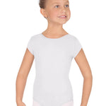 Young girl wearing a white cap-sleeve leotard on a white background