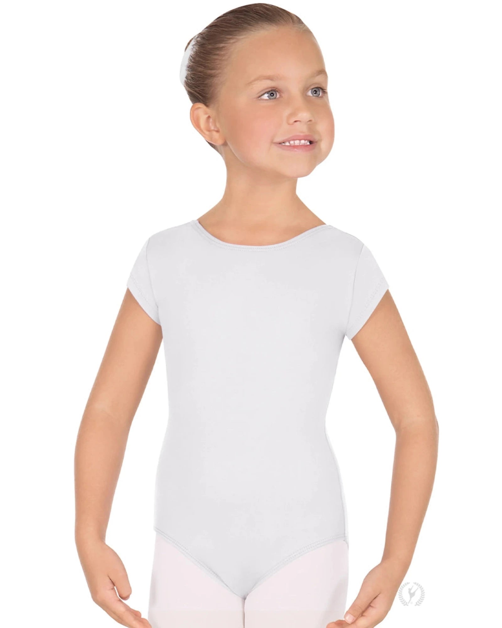 Young girl wearing a white cap-sleeve leotard on a white background