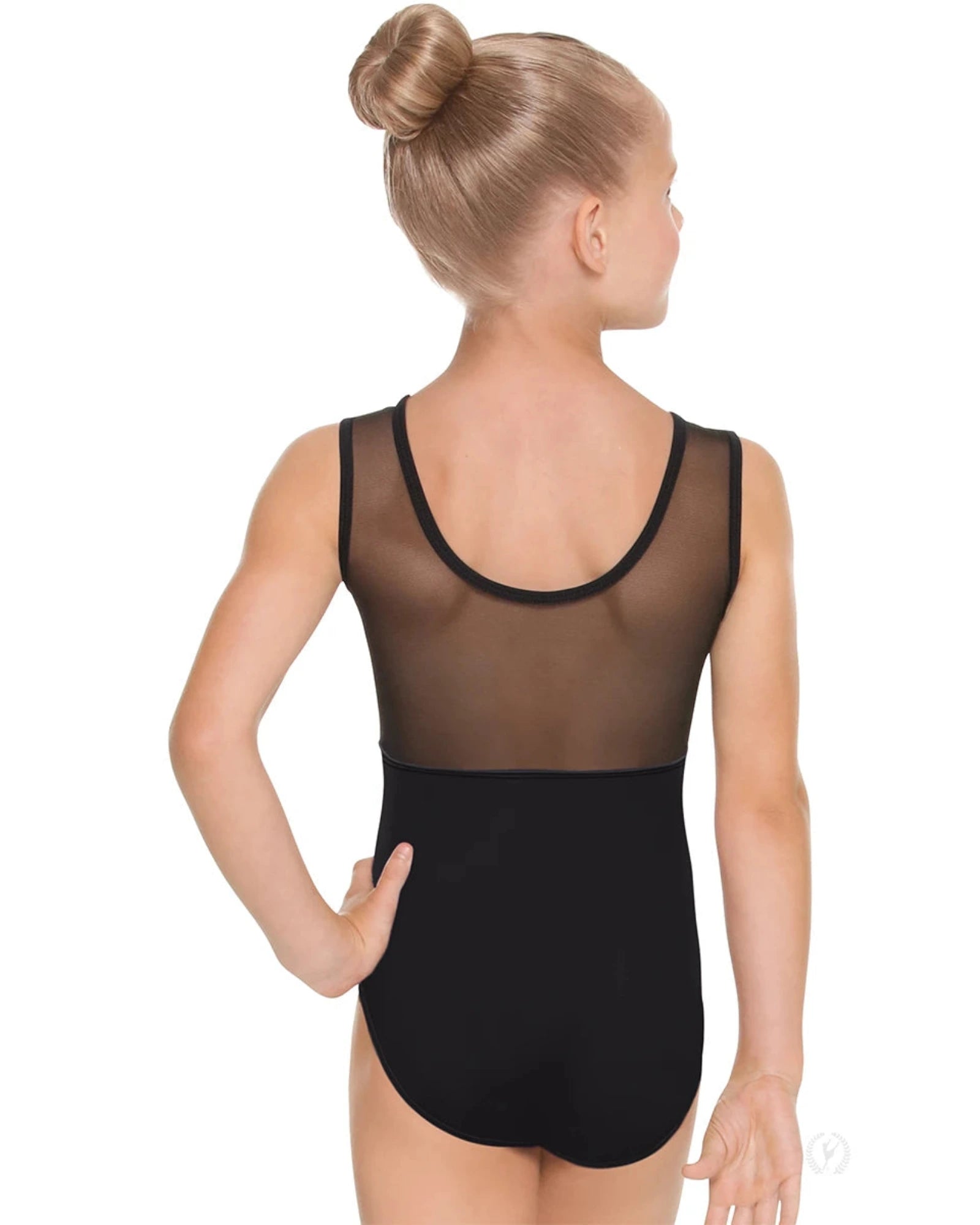 Black tank top with sheer mesh back on a white background