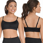 Woman wearing a black dance bra top from front and back views on a white background