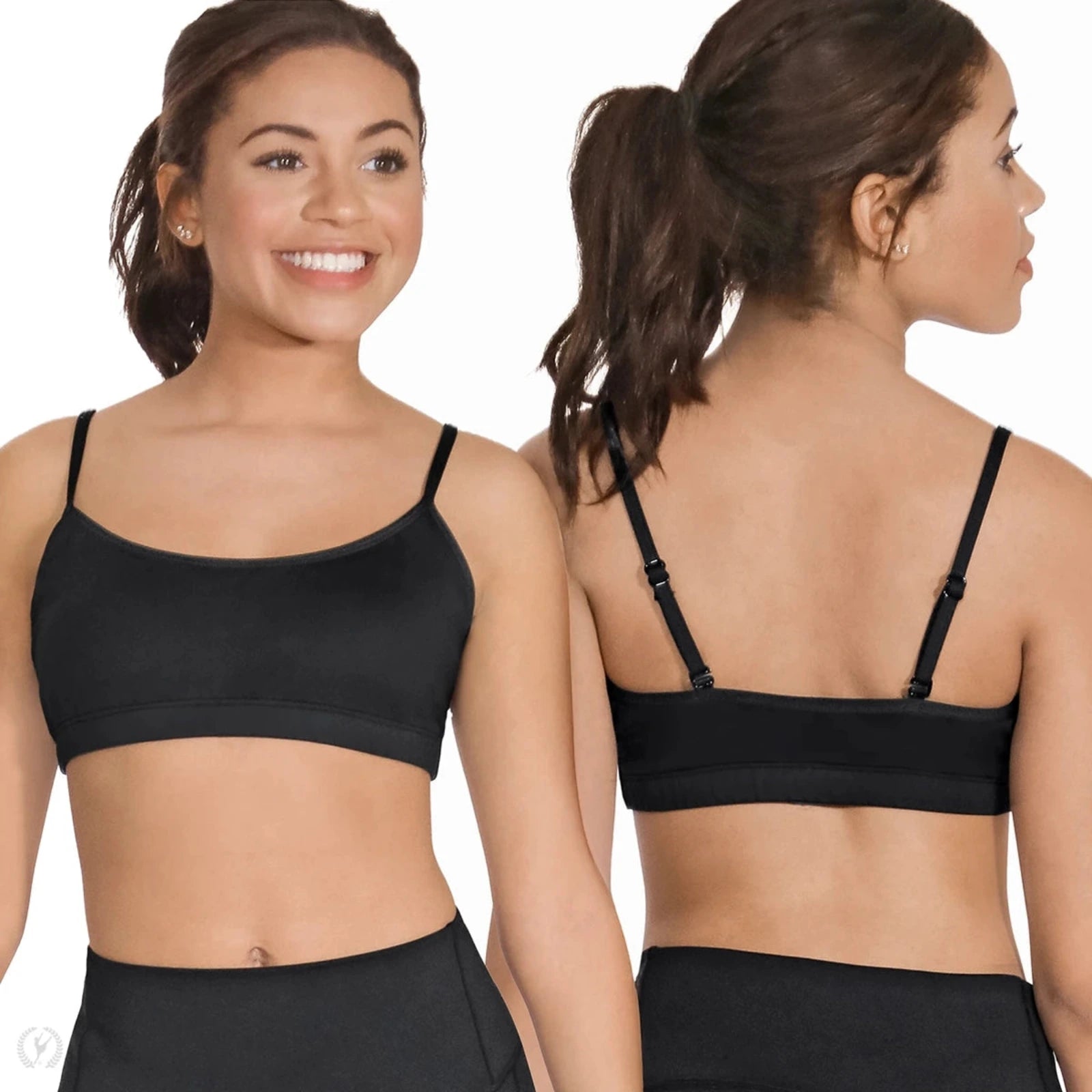 Woman wearing a black dance bra top from front and back views on a white background