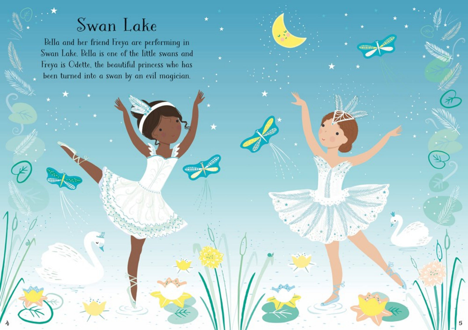 Illustration of two ballerinas in Swan Lake costumes on a blue background with swans and flowers.