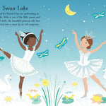Illustration of two ballerinas in Swan Lake costumes on a blue background with swans and flowers.