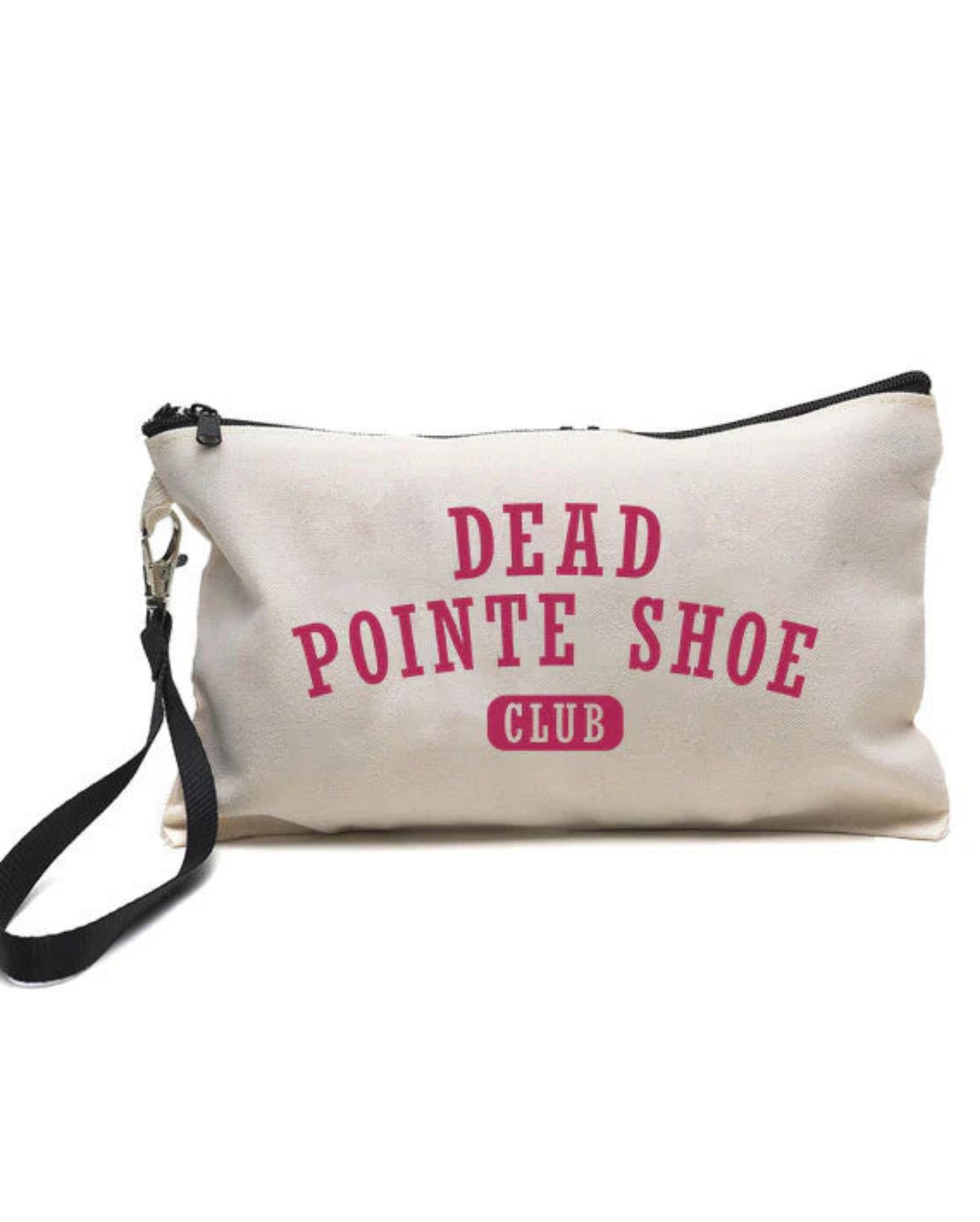 An off-white canvas wristlet pouch with a black strap and zipper, featuring the text 'DEAD POINTE SHOE CLUB' printed in pink on the front.
