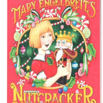 A square book cover for Mary Engelbreit's Nutcracker, featuring a festive red background with an illustrated blonde girl in a red dress holding a nutcracker, surrounded by candy canes, holly, and green garlands. The title text is in large yellow letters at the top and bottom.