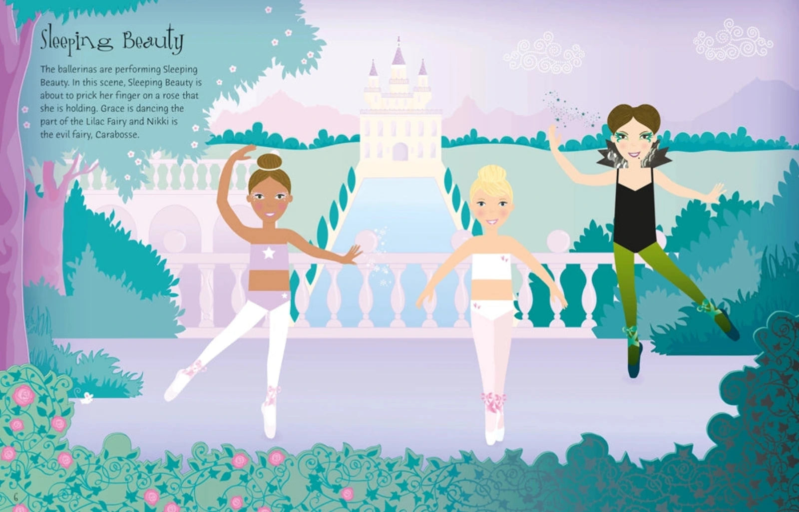 Illustration of fairies in a fantasy garden with a castle in the background