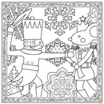 Black and white line art illustration of a nutcracker and a mouse in festive holiday clothing, surrounded by snowflakes and decorative border motifs, suitable as a coloring page or print.