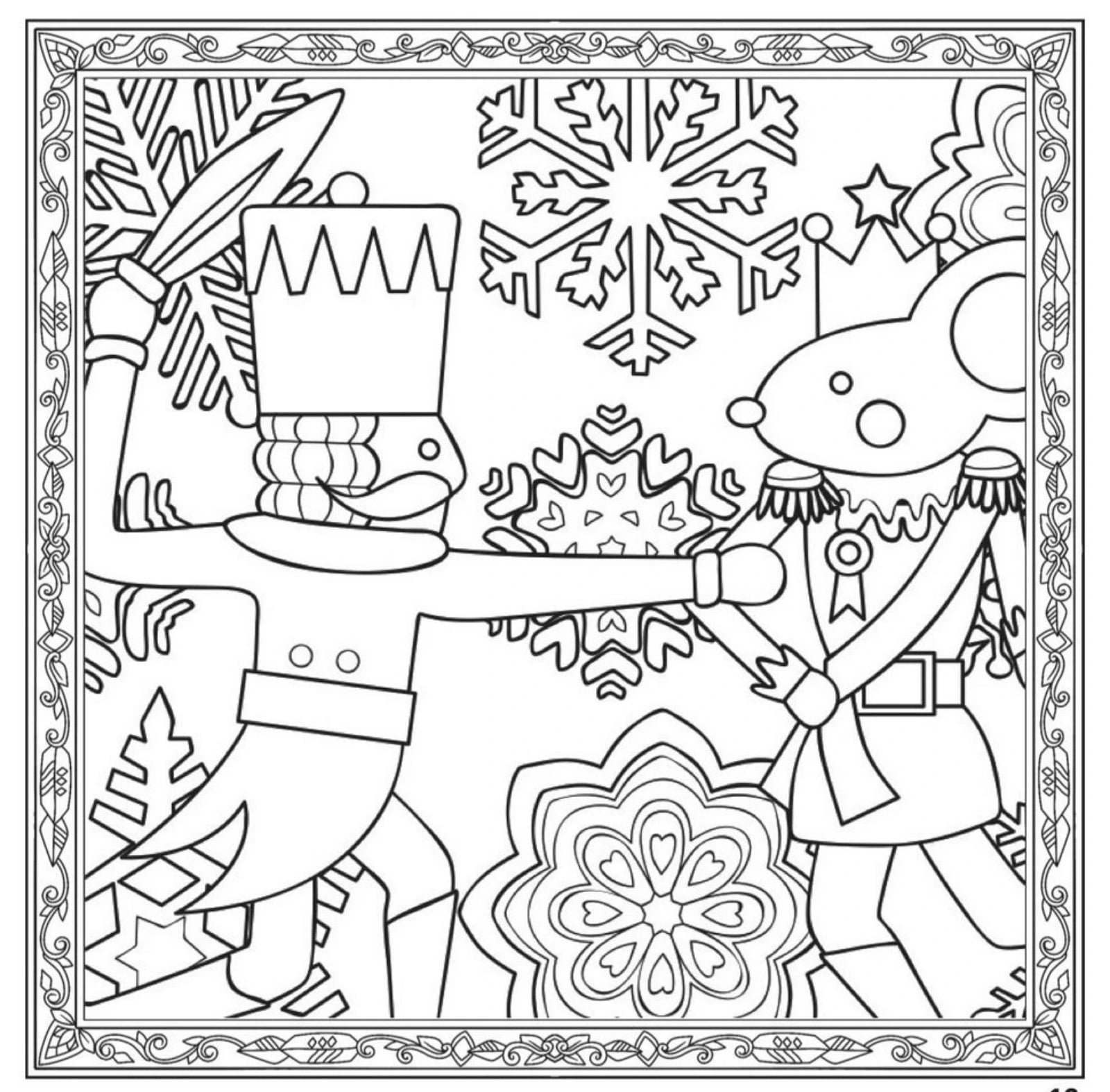 Black and white line art illustration of a nutcracker and a mouse in festive holiday clothing, surrounded by snowflakes and decorative border motifs, suitable as a coloring page or print.
