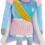 A plush toy mouse dressed as a king featuring a gray fur body, pink inner ears, a gold crown, a blue cape with pink and white trim, a yellow sash, a pink skirt, and light blue boots with pink cuffs.