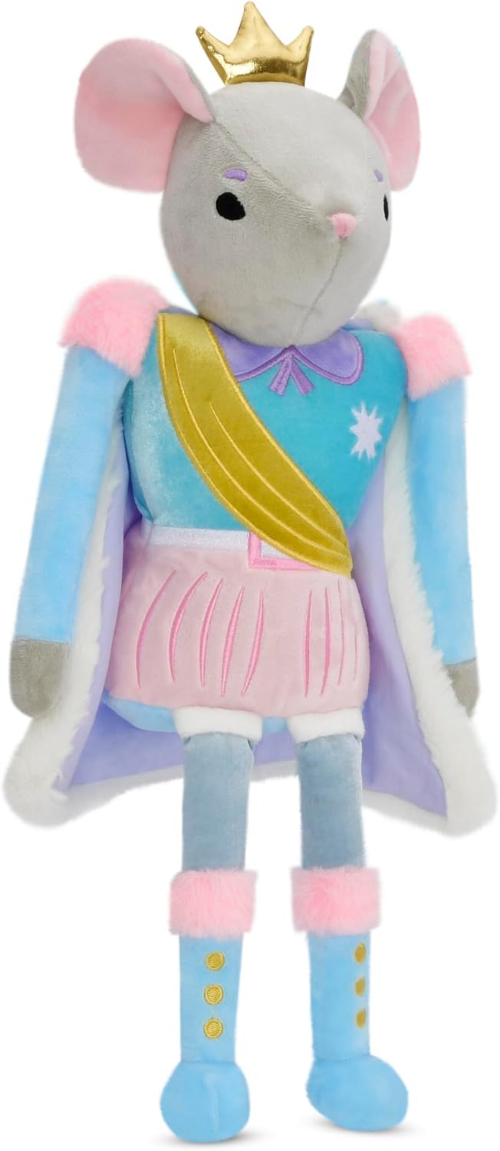 A plush toy mouse dressed as a king featuring a gray fur body, pink inner ears, a gold crown, a blue cape with pink and white trim, a yellow sash, a pink skirt, and light blue boots with pink cuffs.