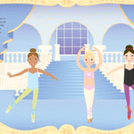Illustration of three ballerinas dancing in a ballet studio with blue curtains and a staircase.