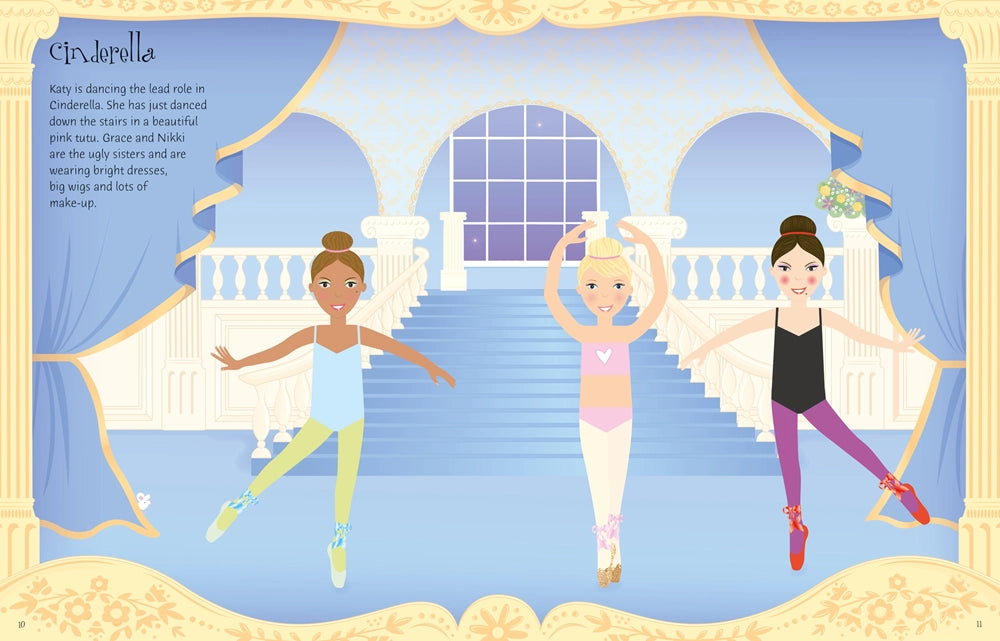 Illustration of three ballerinas dancing in a ballet studio with blue curtains and a staircase.