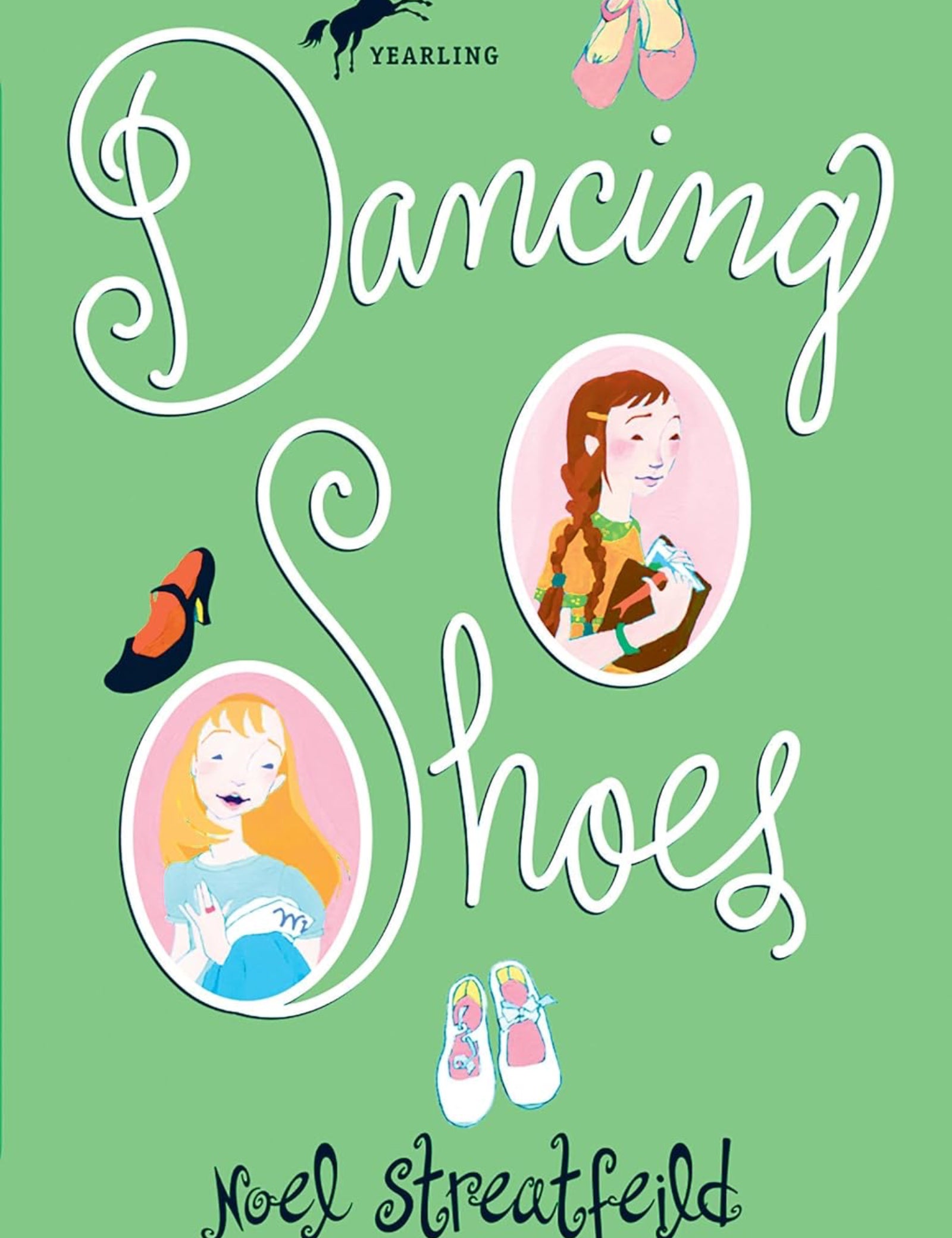 Book cover of 'Dancing Shoes' by Noel Streatfeild with illustrations of girls and shoes on a green background.
