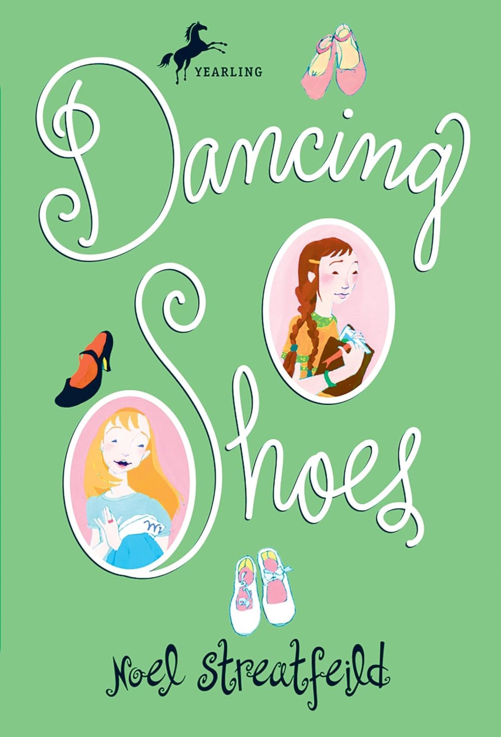 Book cover of 'Dancing Shoes' by Noel Streatfeild with illustrations of girls and shoes on a green background.