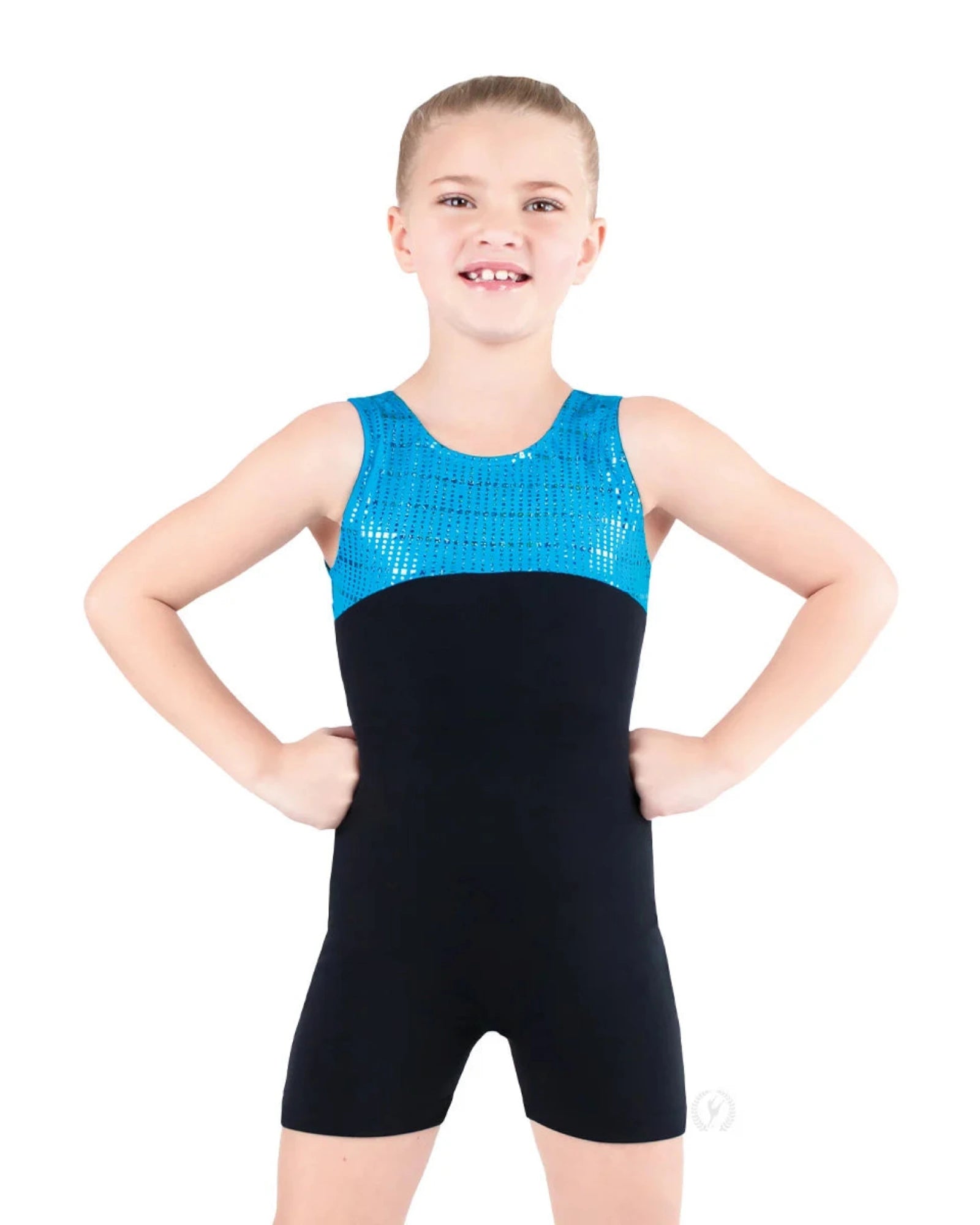 Child wearing a black and blue sequin biketard on a white background