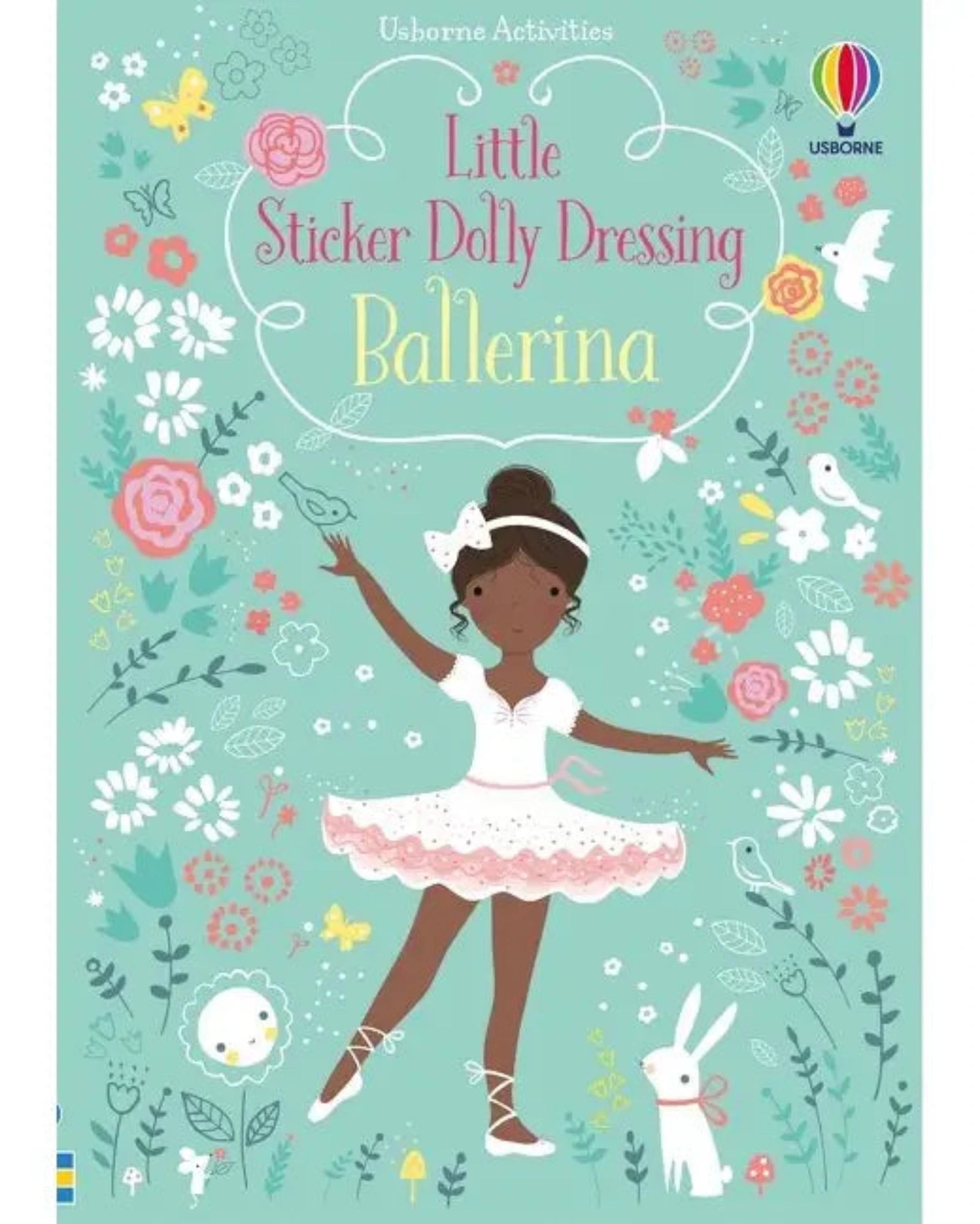 Book cover of 'Little Sticker Dolly Dressing Ballerina' with a ballerina illustration on a floral background.