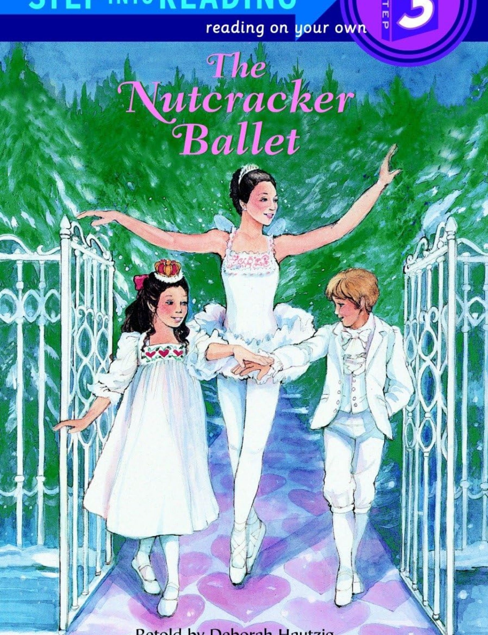Book cover of 'The Nutcracker Ballet' with characters in a snowy garden setting.