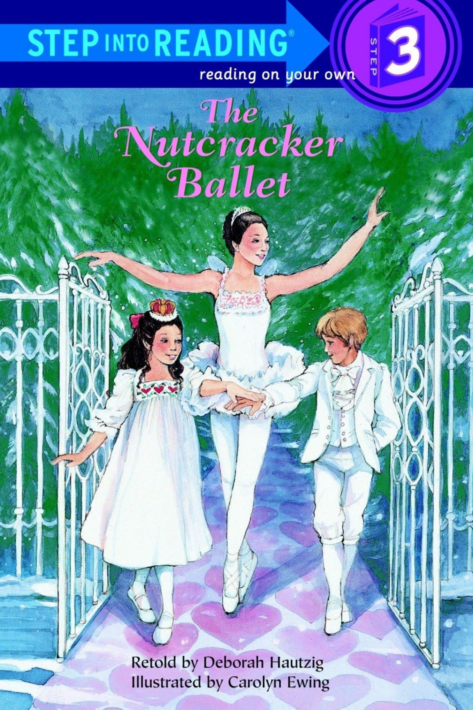 Book cover of 'The Nutcracker Ballet' with characters in a snowy garden setting.