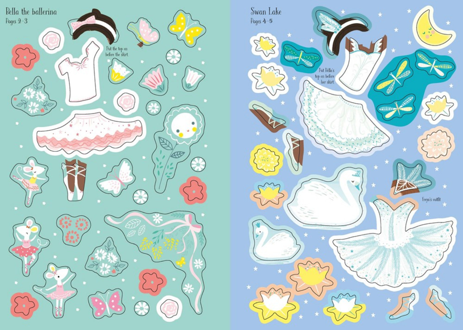 Two pages of children's sticker sets with ballet-themed designs on a light blue background.