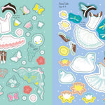 Two pages of children's sticker sets with ballet-themed designs on a light blue background.
