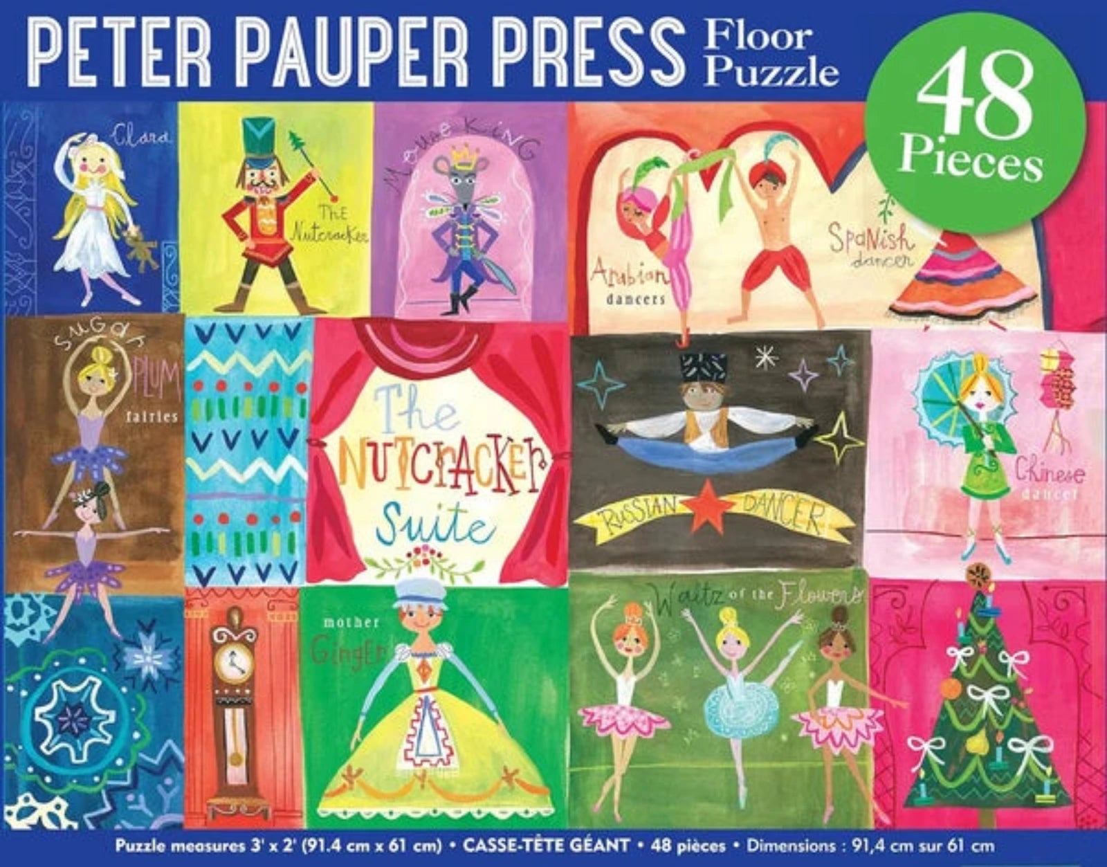 Box cover for a Peter Pauper Press floor puzzle featuring 48 pieces. The design shows a grid of colorful children's painted scenes and figures, with the title 'The Nutcracker Suite' in the center and text indicating 48 pieces and dimensions.