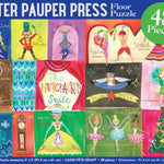 Box cover for a Peter Pauper Press floor puzzle featuring 48 pieces. The design shows a grid of colorful children's painted scenes and figures, with the title 'The Nutcracker Suite' in the center and text indicating 48 pieces and dimensions.
