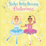 Book cover of 'Sticker Dolly Dressing Ballerinas' with two ballerinas on a yellow background.