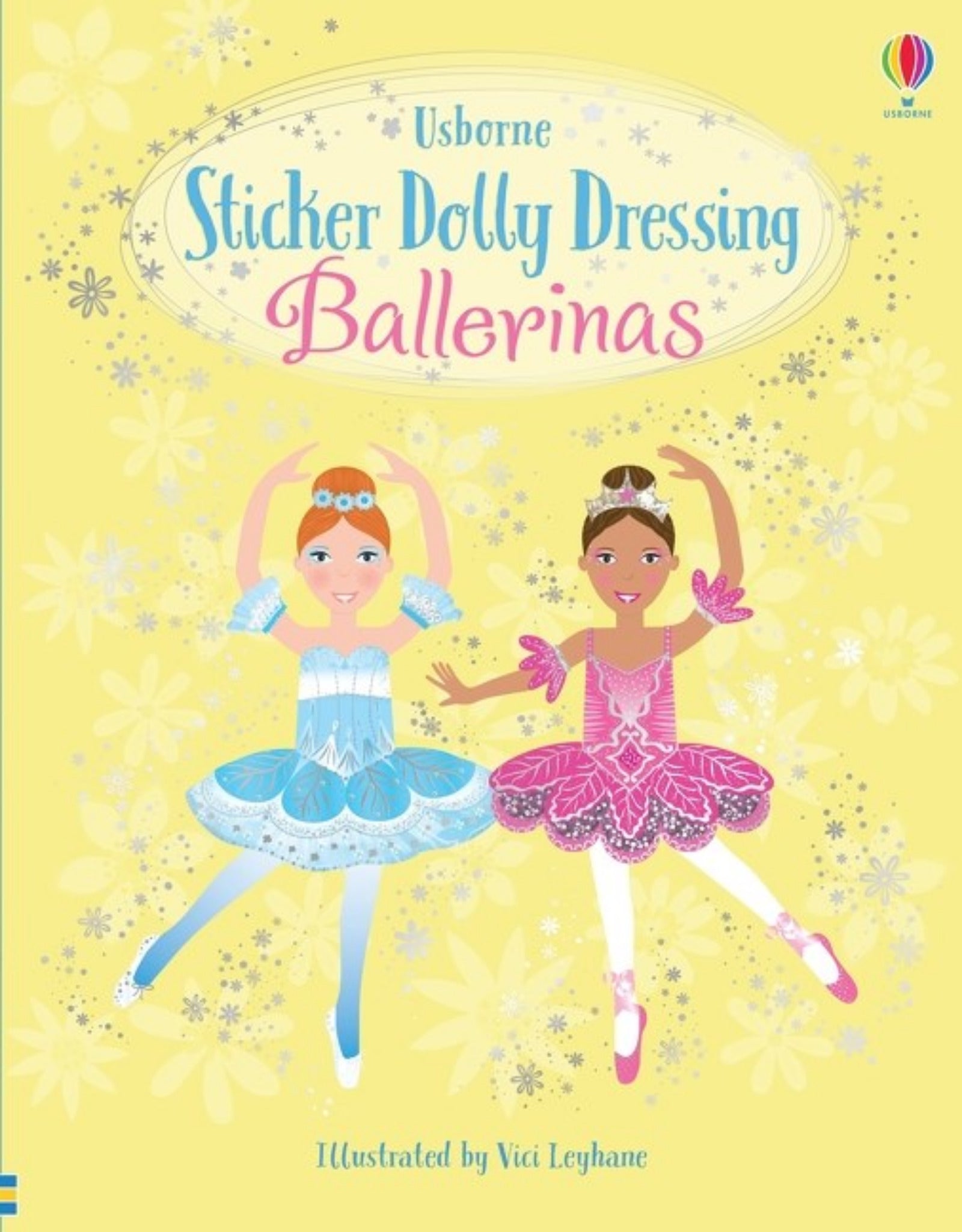 Book cover of 'Sticker Dolly Dressing Ballerinas' with two ballerinas on a yellow background.
