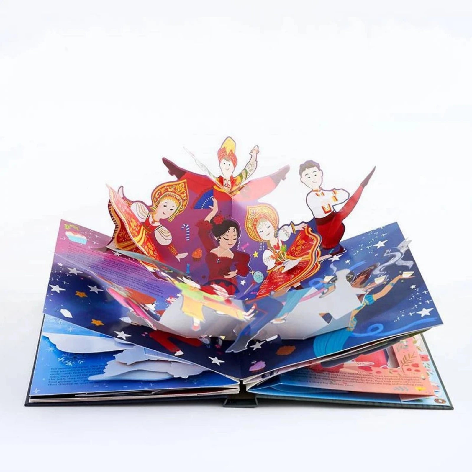 An open 3D pop-up book featuring colorful cartoon characters floating in space, with blue starry pages and red/orange character designs, photographed on a clean white background.