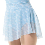 A light blue high-slit skirt with a white cloud pattern, shown on a model against a plain white background.
