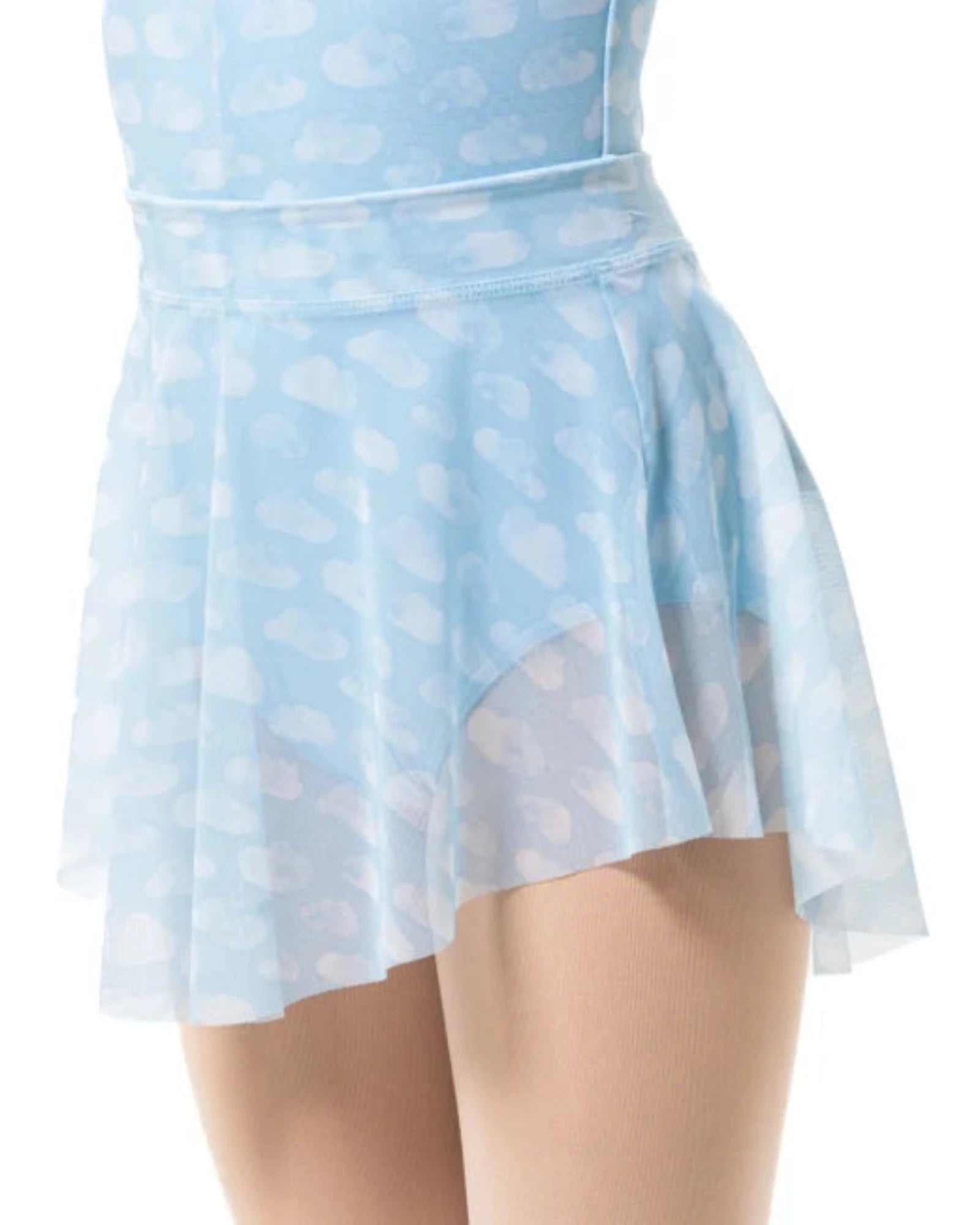 A light blue high-slit skirt with a white cloud pattern, shown on a model against a plain white background.
