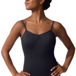 Woman wearing a black leotard on a white background