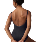 Person wearing a black leotard on a white background