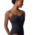 A woman modeling a black spaghetti-strap leotard against a plain white background.
