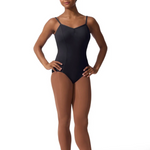 Person wearing a black leotard and brown tights on a white background