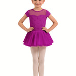 A young girl dancer wearing a bright magenta purple tutu leotard with a sheer mesh yoke, paired with light pink tights and ballet shoes, posing against a solid white background.
