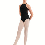 Ballerina wearing a black leotard and pink tights on a white background