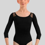A young gymnast wearing a black 3/4 sleeve leotard with sheer shoulder mesh panels, shown against a solid gray background. 