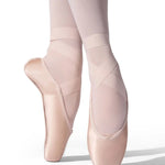A close-up of a dancer's feet in pointed ballet pointe shoes with matching tights, posed en pointe against a clean white background.