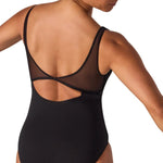 Black leotard with mesh details on a white background