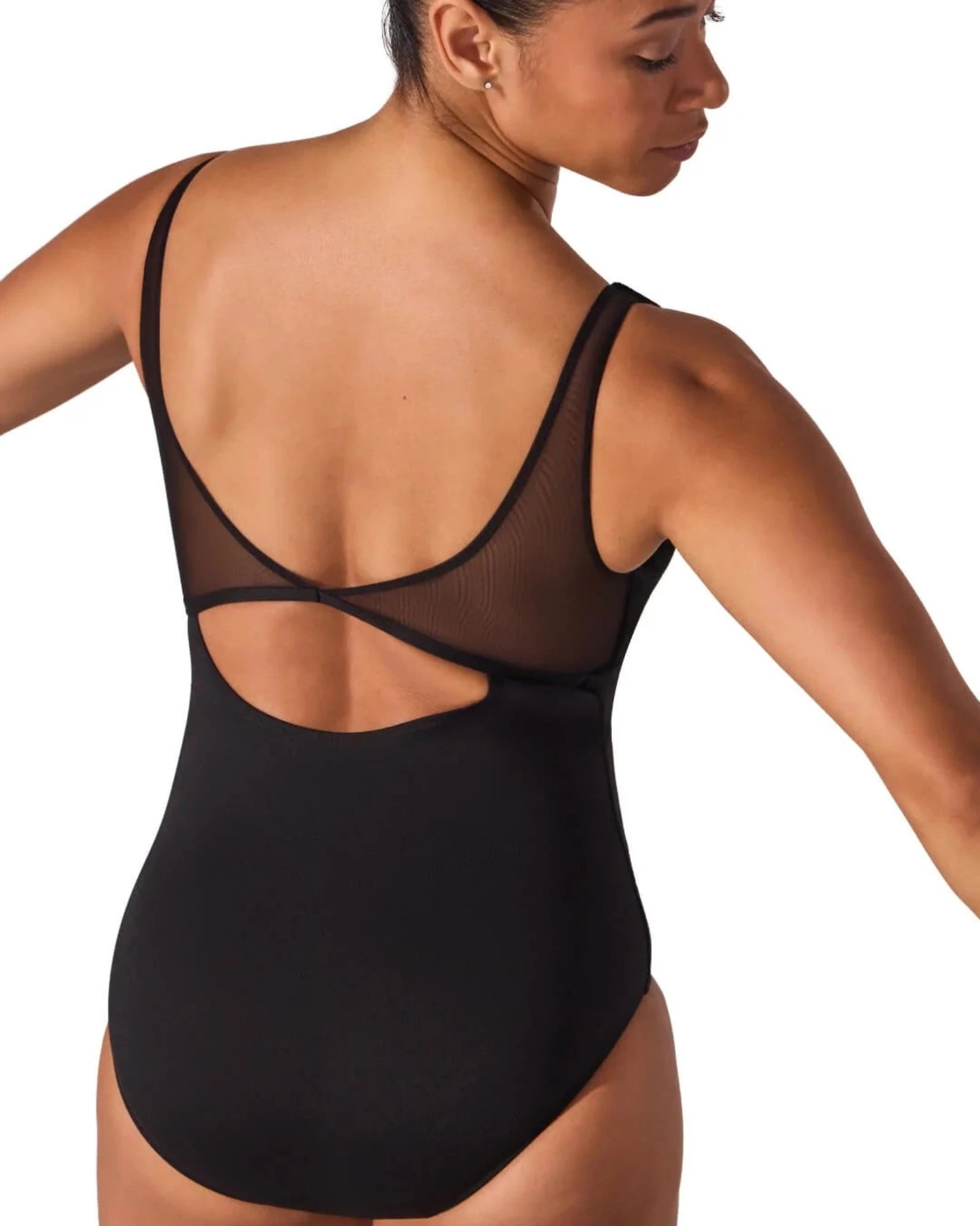 Black leotard with mesh details on a white background