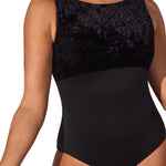 Black leotard with textured top on a white background